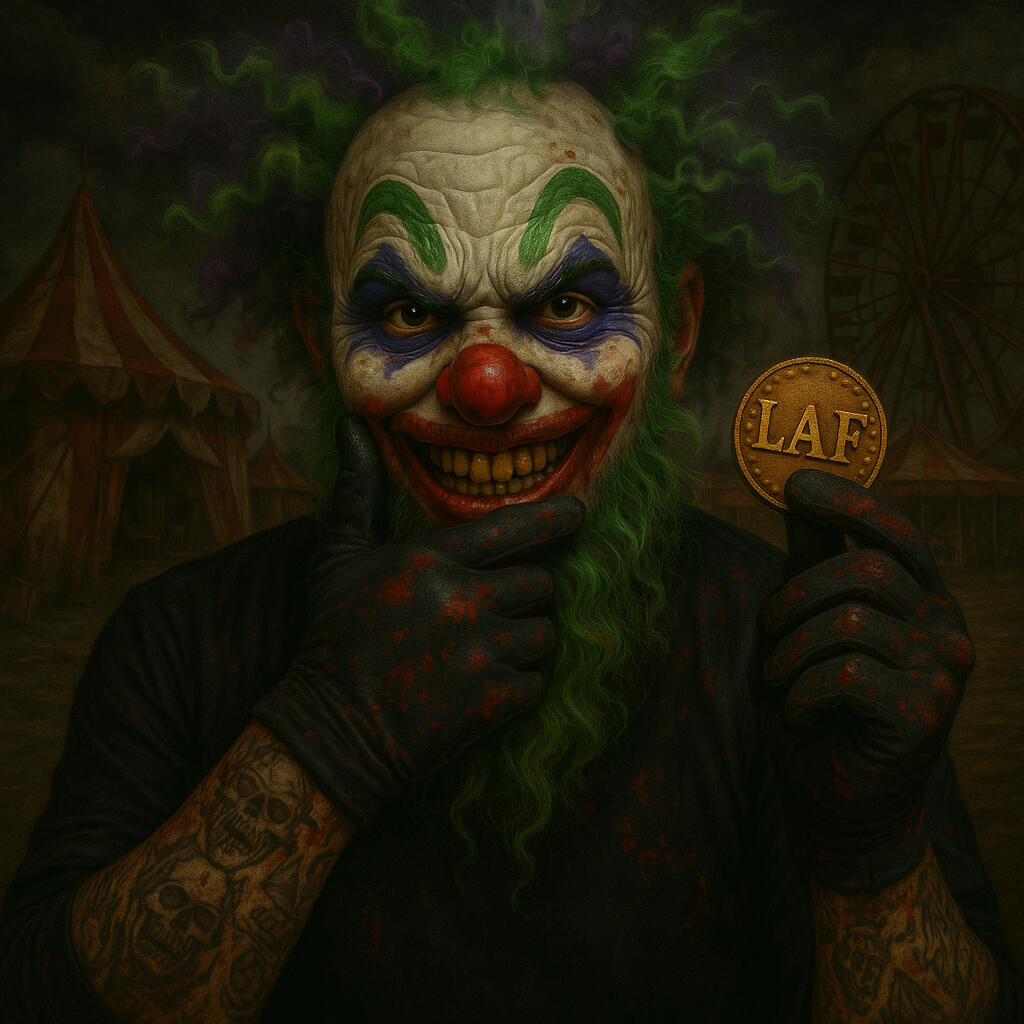 Deranged killer clown named Last Laugh The Clown is looking at you with green hair, blood-stained gloves, and tattoos grins while holding the LAF Coin, the dark carnival cryptocurrency of chaos, fear, and community.