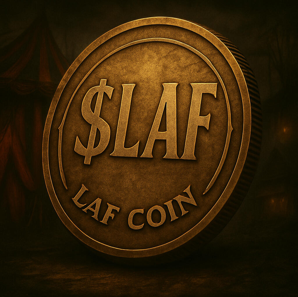 Dark carnival crypto coin with embossed letters $LAF, symbolizing LAF Coin — the currency of madness, safety, and survival in the horror clown’s twisted carnival.